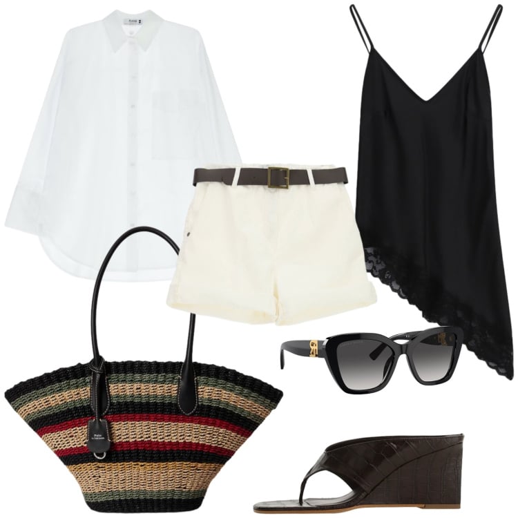 Outfit donna - on the seashore. Stile Casual per Mare. Abbinamento con shorts, camicie, top, sandali, occhiali da sole, borse tote.