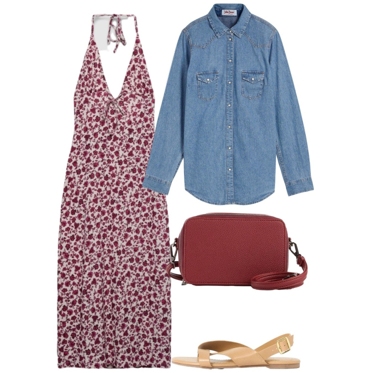 Outfit donna - Maggio. Stile Bon Ton per Tutti i giorni. Abbinamento con camicie, sandali, borse a tracolla, vestiti midi/longuette.