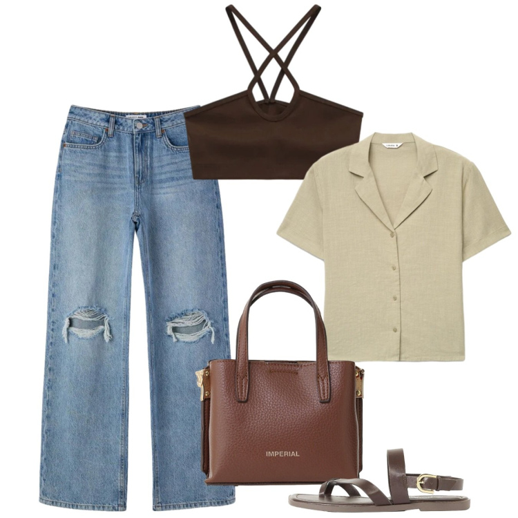 Outfit donna - Chic in jeans. Stile Casual chic per Tutti i giorni. Abbinamento con sandali, jeans strappati, camicie a manica corta, top, borse a tracolla.