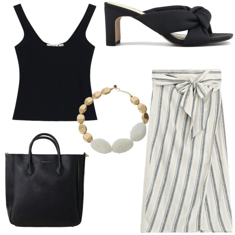 Outfit donna - Easy look estivo. Stile Chic per Tutti i giorni. Abbinamento con borse a tracolla, gonne longuette, top, collane, sandali col tacco.