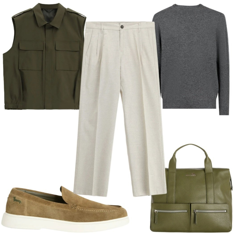 Outfit uomo - Total look #2410481. Stile Casual per Tutti i giorni. Abbinamento con pantaloni, gilet, borse sportive, scarpe stringate, maglieria.