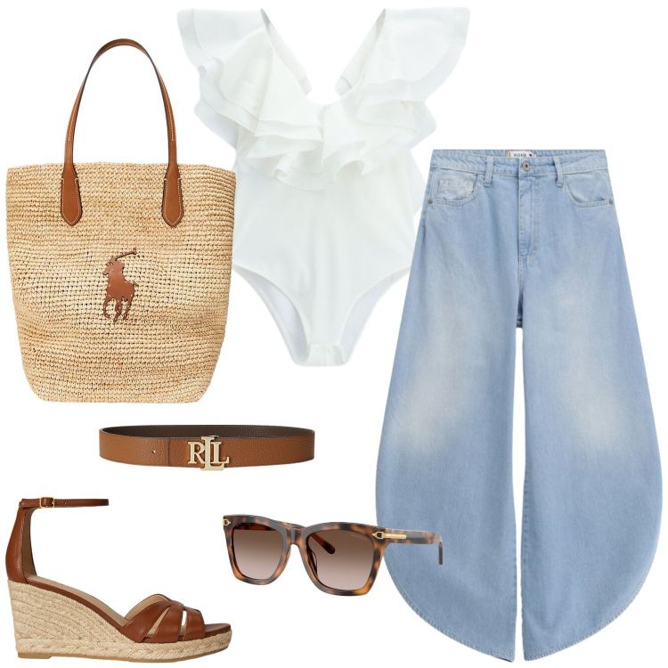 Outfit donna - June in style. Stile Casual per Mare. Abbinamento con body, jeans, zeppe, borse tote, cinture, occhiali da sole.