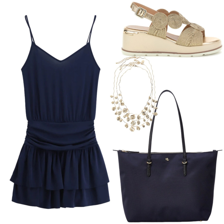 Outfit donna - Aperitivo in città. Stile Chic per Tutti i giorni. Abbinamento con vestiti corti, collane, borse tote, sandali col tacco.