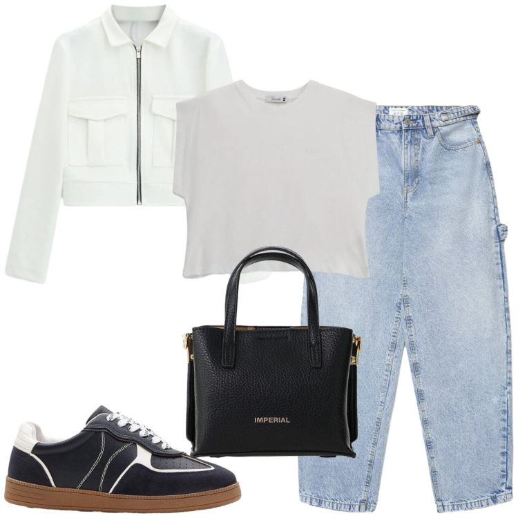 Outfit donna - Total look #2410502. Stile Casual per Tutti i giorni. Abbinamento con sneakers, jeans, cappotti, borse a tracolla, top.