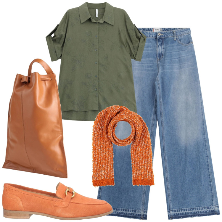 Outfit donna - Total look #2410506. Stile Casual per Tutti i giorni. Abbinamento con sciarpe, mocassini, zaini, camicie a manica corta, jeans.