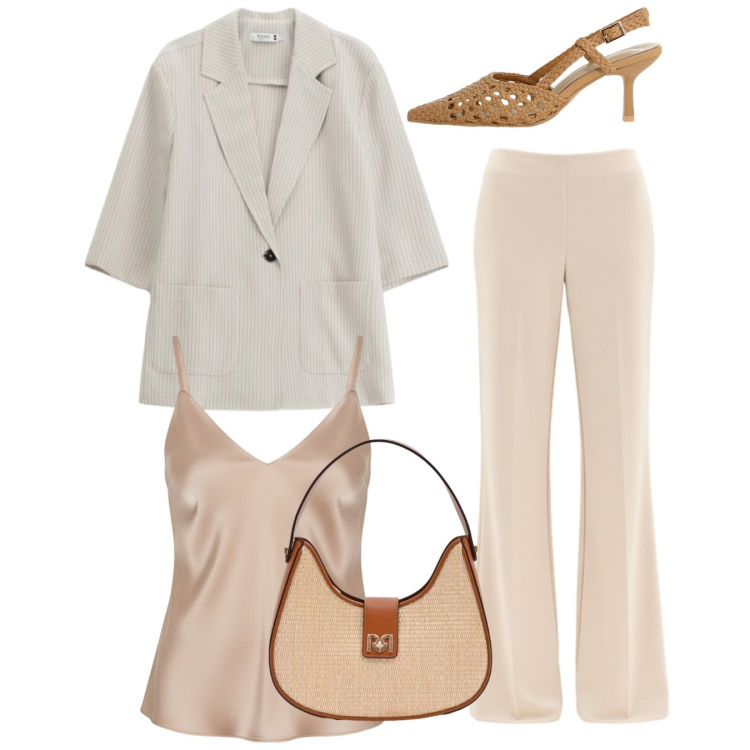 Outfit donna - Total look. Stile Bon Ton per Ufficio. Abbinamento con top, pantaloni a palazzo, borse a spalla, décolleté, blazer.