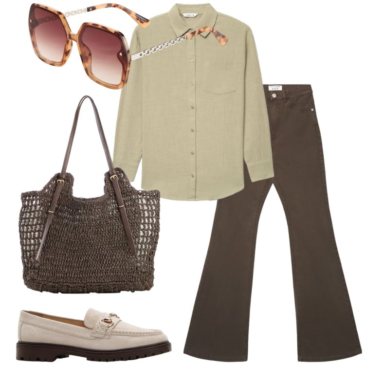 Outfit donna - Total look #2410510. Stile Casual per Tutti i giorni. Abbinamento con occhiali da sole, shopping bag, mocassini, jeans a zampa, camicie.