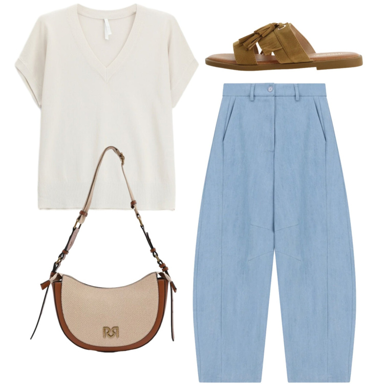 Outfit donna - Total look. Stile Casual per Tutti i giorni. Abbinamento con pantaloni, sandali, maglieria, borse a tracolla.