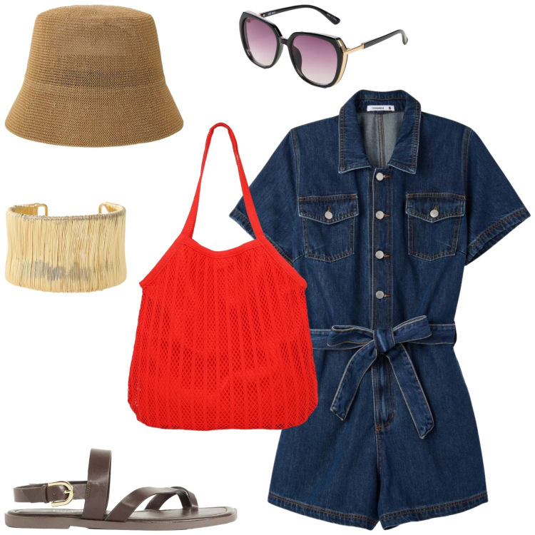 Outfit donna - Quando arriva l\'estate. Stile Casual per Tutti i giorni. Abbinamento con occhiali da sole, sandali, tuta corta, shopping bag, cappelli, braccialetti.