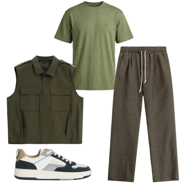 Outfit uomo - 155. La regola. Stile Urban per Tutti i giorni. Abbinamento con pantaloni, gilet, t-shirt, sneakers.