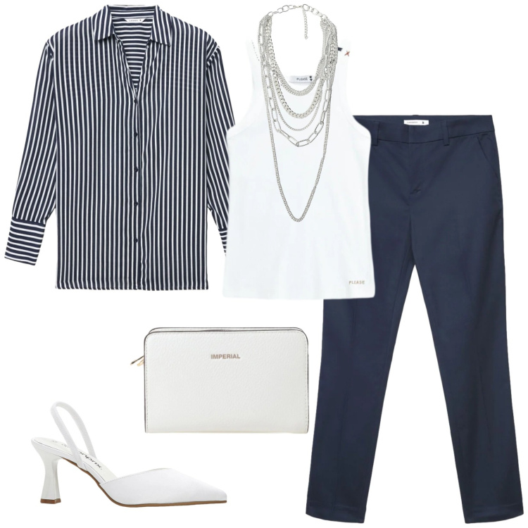 Outfit donna - Total look #2410520. Stile Chic per Serata fuori. Abbinamento con décolleté, camicie, pantaloni skinny, borse a tracolla, collane, top.