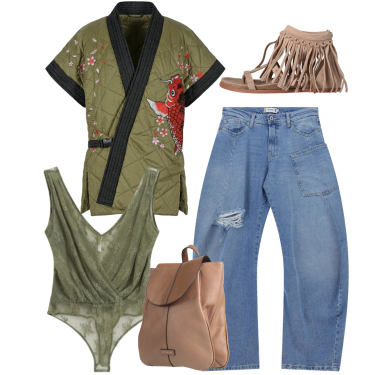 Outfit donna - Stravagante. Stile Etnico per Tutti i giorni. Abbinamento con infradito, zaini, top, jeans, kimono.