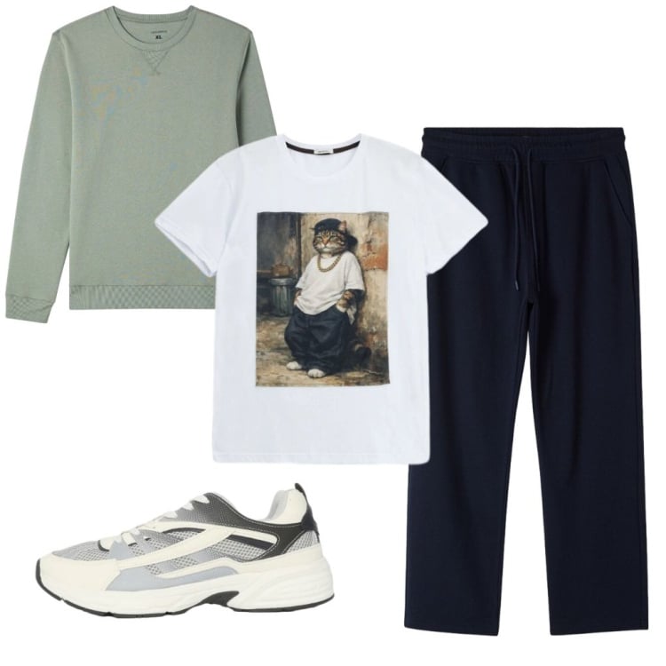 Outfit uomo - 156. Comodo comodo. Stile Trendy per Tutti i giorni. Abbinamento con sneakers, pantaloni, felpe, t-shirt.