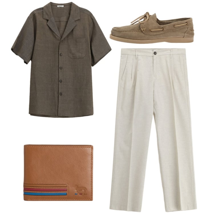 Outfit uomo - Total look. Stile Casual per Tutti i giorni. Abbinamento con portafogli, scarpe stringate, camicie a manica corta, pantaloni.