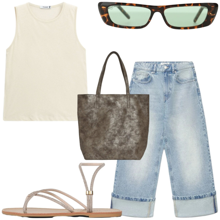 Outfit donna - Total look #2410527. Stile Basic per Tutti i giorni. Abbinamento con shopping bag, sandali, jeans, occhiali da sole, top.