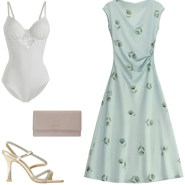 Outfit donna - L\'abito da cerimonia. Stile Glamour per Cerimonia. Abbinamento con body, vestiti midi/longuette, sandali col tacco, portafogli.