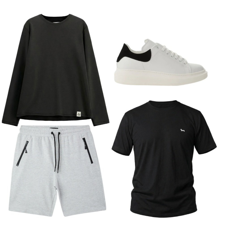 Outfit uomo - 160. Black & White. Stile Urban per Tutti i giorni. Abbinamento con bermuda, sneakers, felpe, t-shirt.