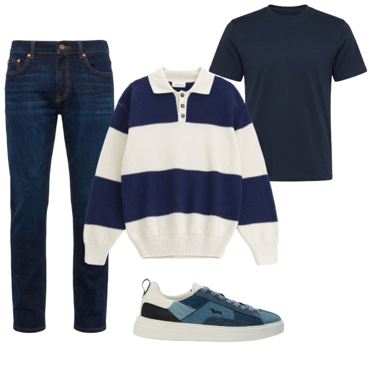 Outfit uomo - 161. A righe. Stile Urban per Tutti i giorni. Abbinamento con maglieria, jeans, t-shirt, sneakers.