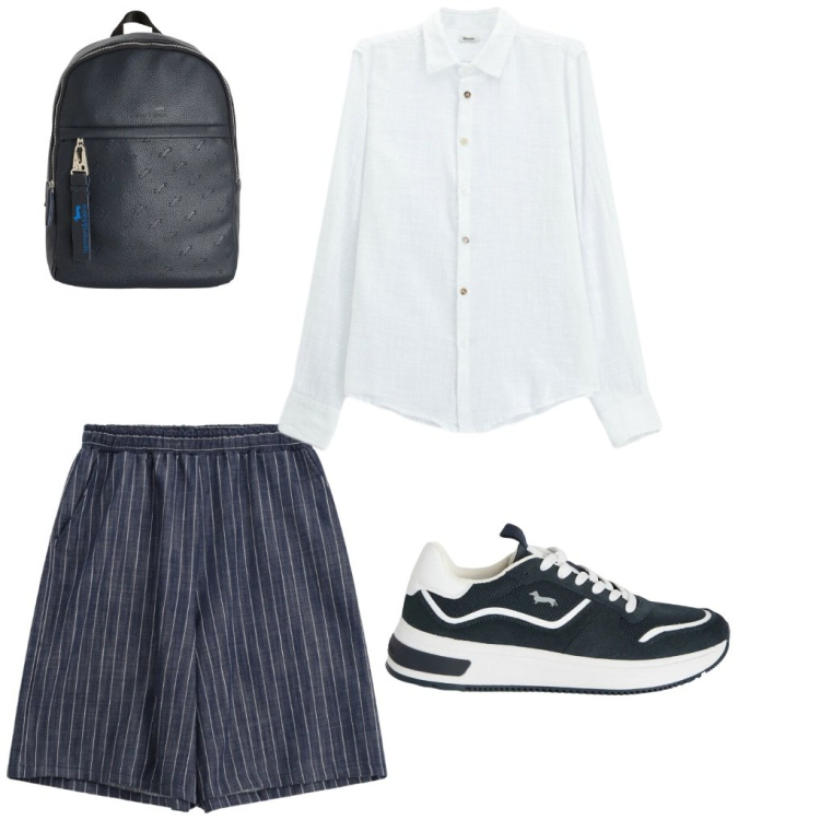 Outfit uomo - 162. Colleghi. Stile Urban per Tutti i giorni. Abbinamento con bermuda, camicie, sneakers, borse sportive.