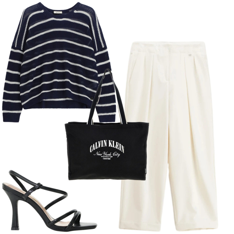 Outfit donna - After rain. Stile Urban per Tutti i giorni. Abbinamento con sandali col tacco, maglieria, pantaloni, borse a spalla.