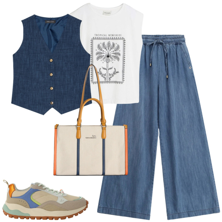 Outfit donna - Giugno. Stile Casual per Tutti i giorni. Abbinamento con canottiere, borse tote, jeans, sneakers, gilet.