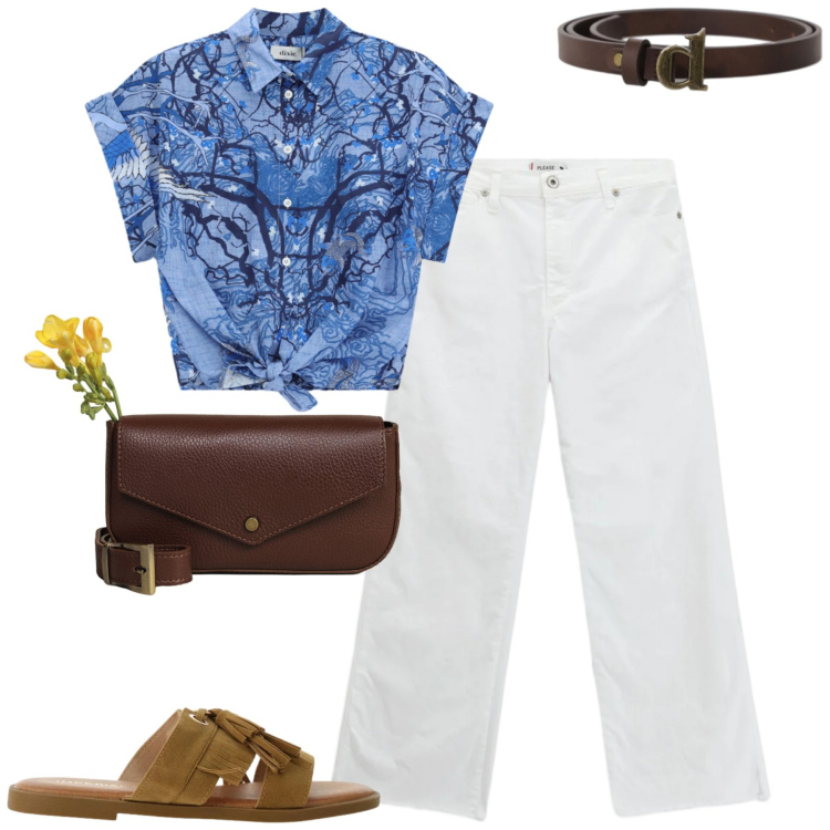 Outfit donna - Total look #2410564. Stile Casual per Tutti i giorni. Abbinamento con sandali, jeans, cinture, borse a tracolla, camicie a manica corta.