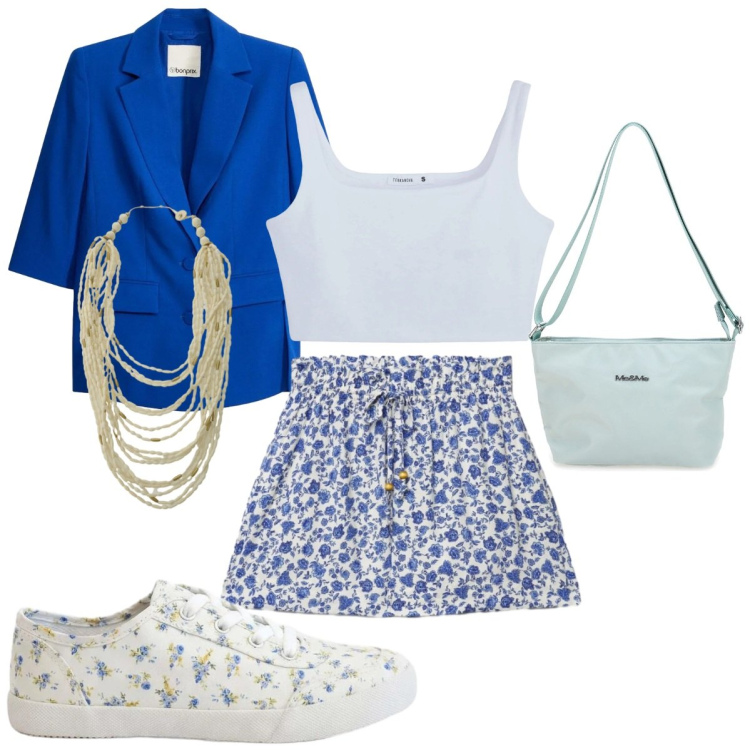 Outfit donna - Blazer blu. Stile Casual chic per Serata fuori. Abbinamento con blazer, sneakers, reggiseni, shorts, collane, borse a spalla.
