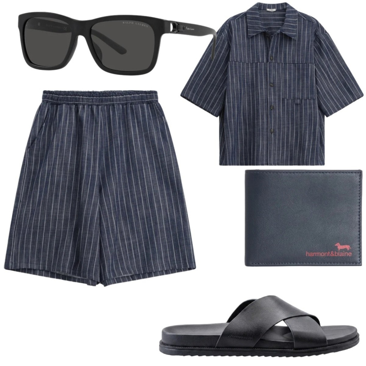 Outfit uomo - Lino blu. Stile Casual per Mare. Abbinamento con camicie a manica corta, bermuda, portafogli, sandali, occhiali da sole.