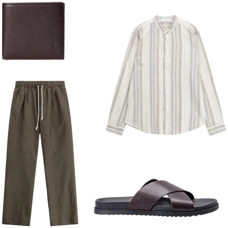 Outfit uomo - Lino: tonalità della terra. Stile Casual per Tutti i giorni. Abbinamento con pantaloni, camicie, sandali, portafogli.