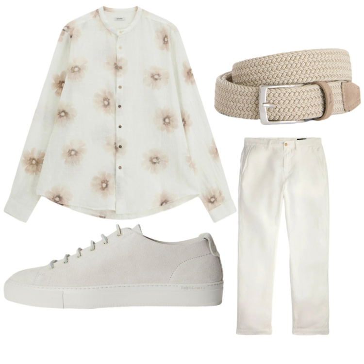 Outfit uomo - Bianco con fiori. Stile Casual per Tutti i giorni. Abbinamento con camicie, cinture, pantaloni, sneakers.