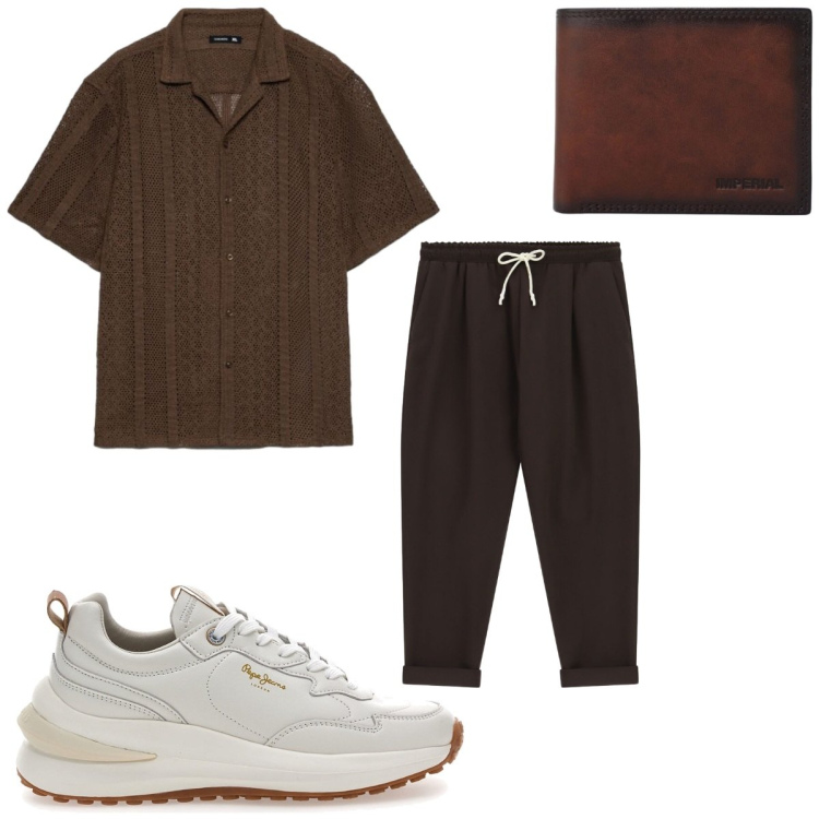Outfit uomo - Cacao. Stile Casual per Serata speciale. Abbinamento con camicie a manica corta, portafogli, pantaloni, sneakers.