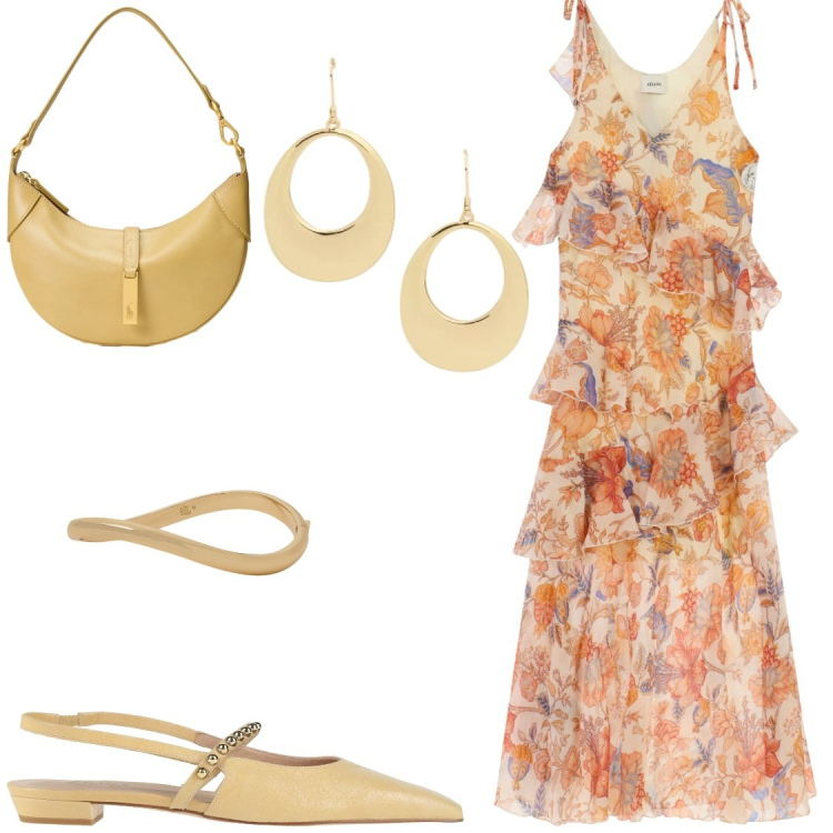 Outfit donna - Romanticismo Estivo. Stile Glamour per Serata fuori. Abbinamento con ballerine, borse a spalla, braccialetti, orecchini, vestiti lunghi.