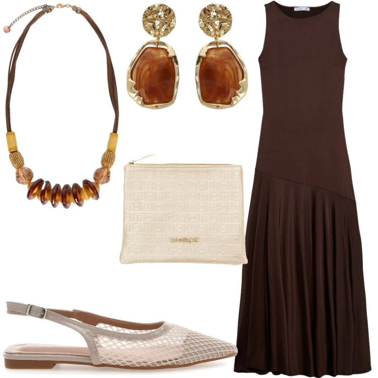 Outfit donna - Trame d\'Ambra: Eleganza Terrosa. Stile Chic per Serata fuori. Abbinamento con vestiti lunghi, orecchini, collane, ballerine, pochette.