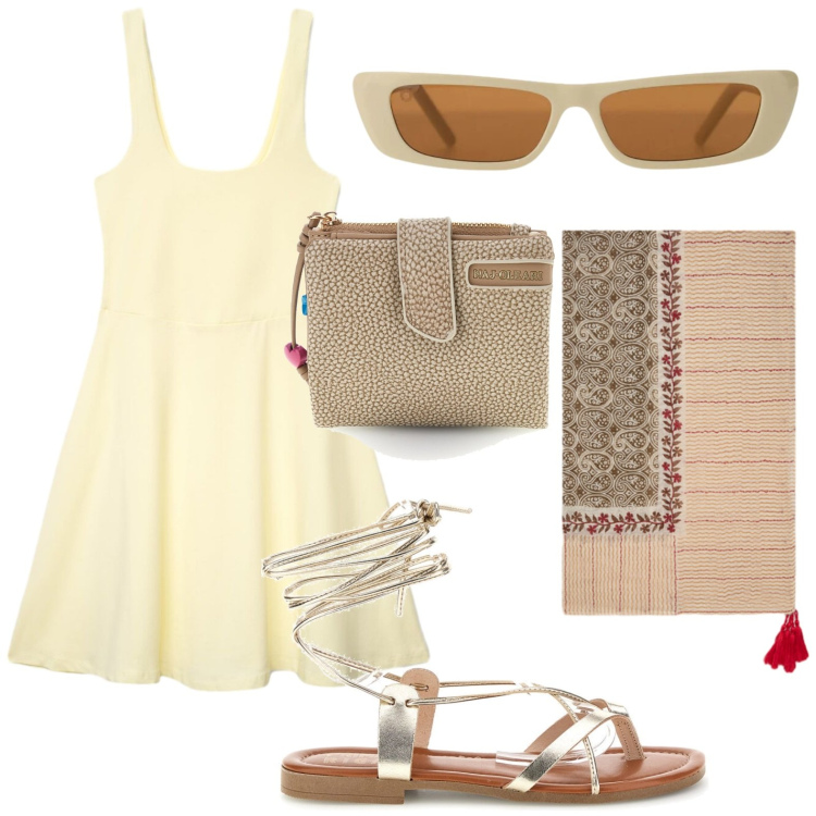 Outfit donna - Accessori naturali. Stile Casual per Tutti i giorni. Abbinamento con vestiti corti, occhiali da sole, sciarpe, portafogli, sandali alla schiava.
