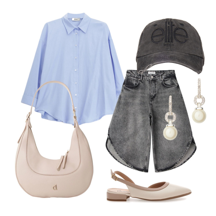 Outfit donna - Giugno. Stile Casual chic per Tutti i giorni. Abbinamento con pantaloni corti, cappelli, camicie, borse a tracolla, orecchini, ballerine.