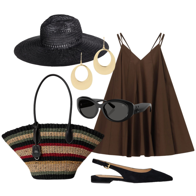 Outfit donna - Giugno. Stile Trendy per Tutti i giorni. Abbinamento con cappelli, vestiti corti, occhiali da sole, borse tote, ballerine, orecchini.