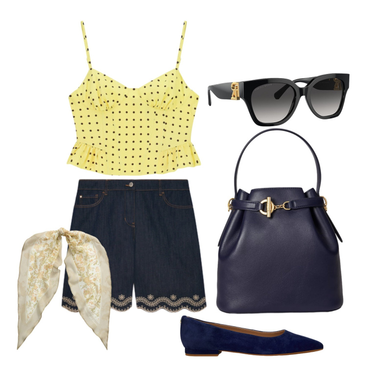Outfit donna - Giugno. Stile Bon Ton per Tutti i giorni. Abbinamento con canottiere, bermuda, occhiali da sole, ballerine, foulard, borse a secchiello.