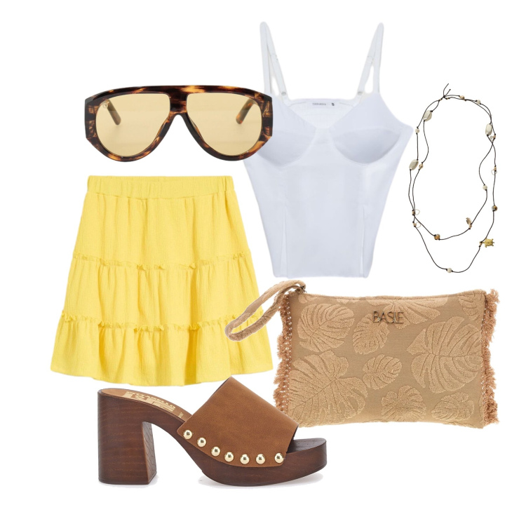 Outfit donna - Giugno. Stile Glamour per Tutti i giorni. Abbinamento con minigonne, canottiere, collane, occhiali da sole, zoccoli, pochette.