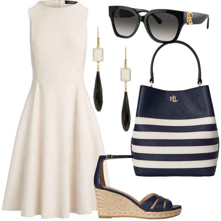 Outfit donna - Shopping. Stile Bon Ton per Tutti i giorni. Abbinamento con zeppe, occhiali da sole, vestiti midi/longuette, borse a secchiello, orecchini.