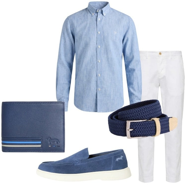 Outfit uomo - Aperitivo vista tramonto. Stile Casual per Serata speciale. Abbinamento con cinture, portafogli, pantaloni chino, scarpe stringate, camicie.