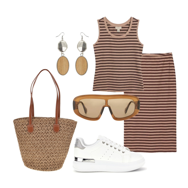 Outfit donna - Giugno. Stile Trendy per Tutti i giorni. Abbinamento con tute, occhiali da sole, orecchini, borse a spalla, sneakers.