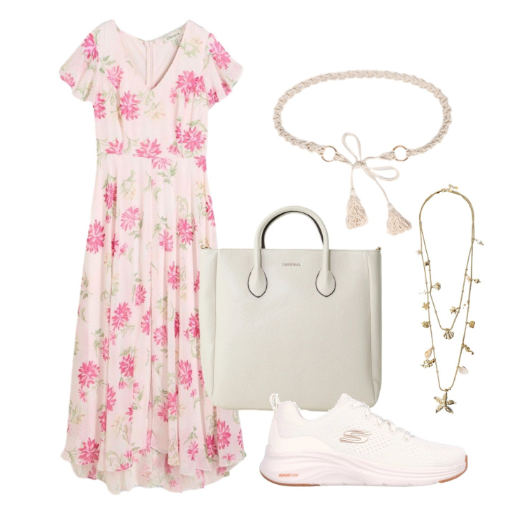 Outfit donna - Giugno. Stile Romantica per Tutti i giorni. Abbinamento con tute, borse a tracolla, collane, cinture, sneakers.