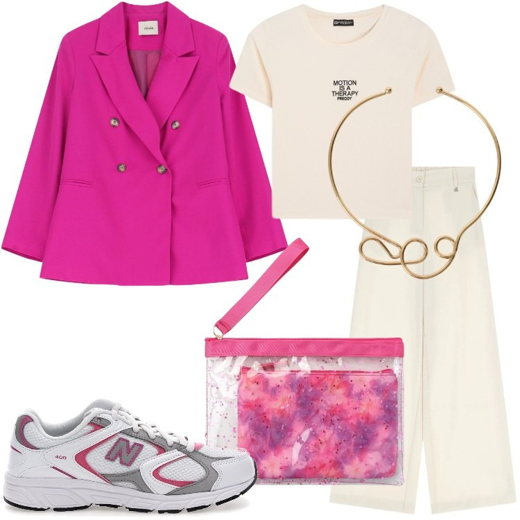 Outfit donna - Un blazer colorato - @ambrosiajsi. Stile Urban per Tutti i giorni. Abbinamento con pochette, t-shirt, blazer, pantaloni a palazzo, collane, sneakers.