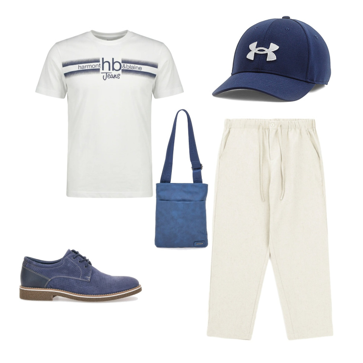 Outfit uomo - Blue & White Summer Vibes. Stile Casual per Mare. Abbinamento con pantaloni, t-shirt, scarpe stringate, portafogli, cappelli.