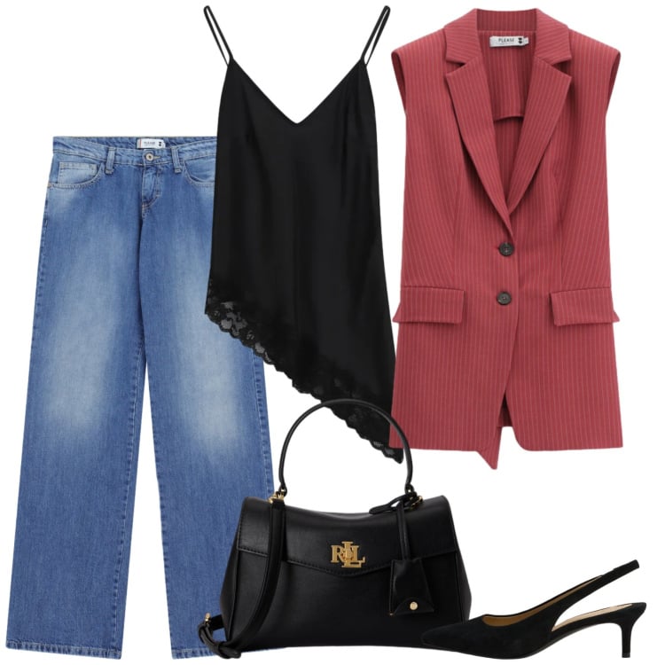 Outfit donna - Jeans e stile. Stile Casual chic per Ufficio. Abbinamento con gilet, jeans dritti, top, décolleté, borse a mano.