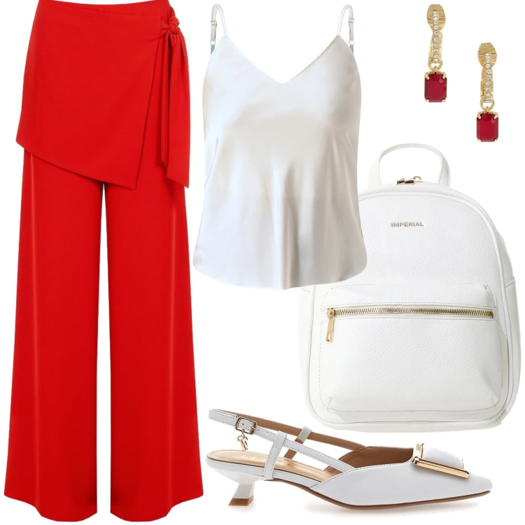 Outfit donna - Aperitivo ad Amalfi.. Stile Glamour per Tutti i giorni. Abbinamento con pantaloni a palazzo, top, zaini, orecchini, décolleté.