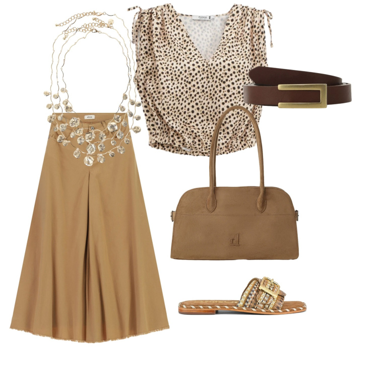 Outfit donna - Urban Safari Chic. Stile Casual chic per Tutti i giorni. Abbinamento con top, gonne lunghe, collane, cappotti, cinture, ciabatte.