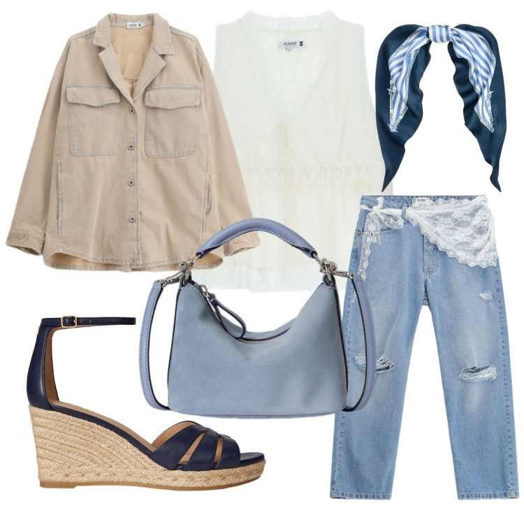 Outfit donna - Pizzo sui jeans. Stile Glamour per Tutti i giorni. Abbinamento con jeans strappati, top, cappotti, zeppe, borse a spalla, foulard.