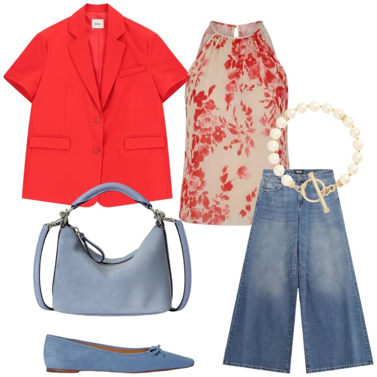 Outfit donna - Total look #2410638. Stile Casual chic per Serata fuori. Abbinamento con canottiere, jeans, blazer, ballerine, borse a spalla, braccialetti.