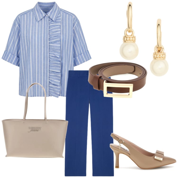 Outfit donna - Total look #2410640. Stile Trendy per Ufficio. Abbinamento con camicie a manica corta, pantaloni, orecchini, décolleté, borse a spalla, cinture.